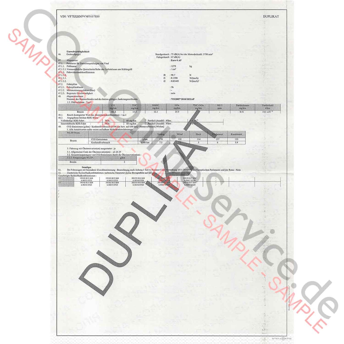 COC-dokumenter til Citroën (Certificate of Conformity)