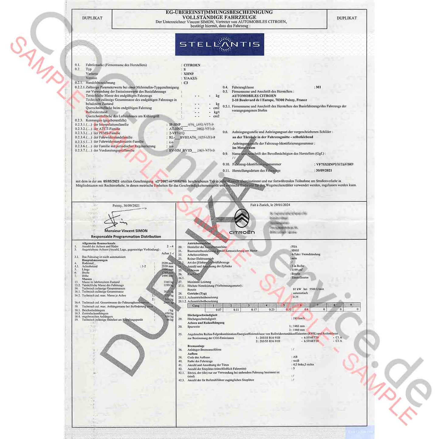 COC-dokumenter til Citroën (Certificate of Conformity)