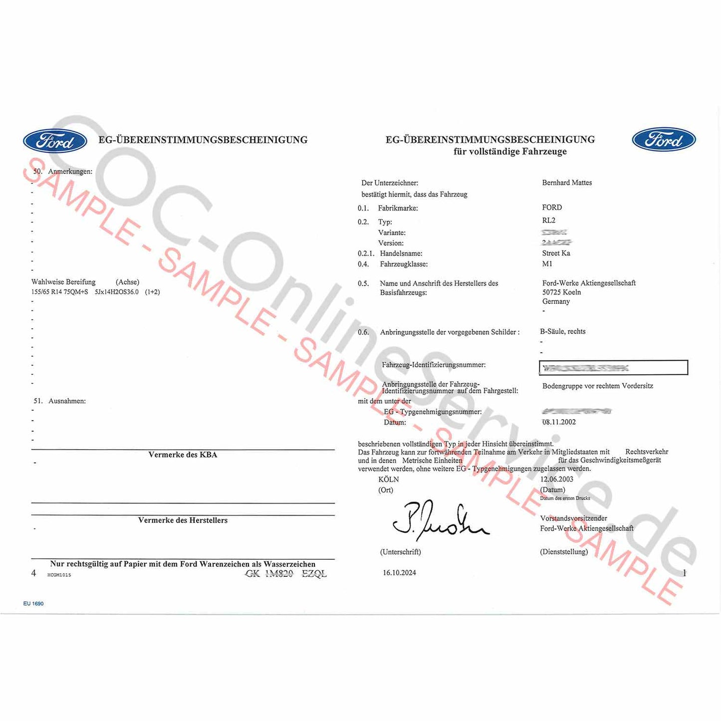 COC dokumenty pro Ford (Certificate of Conformity)