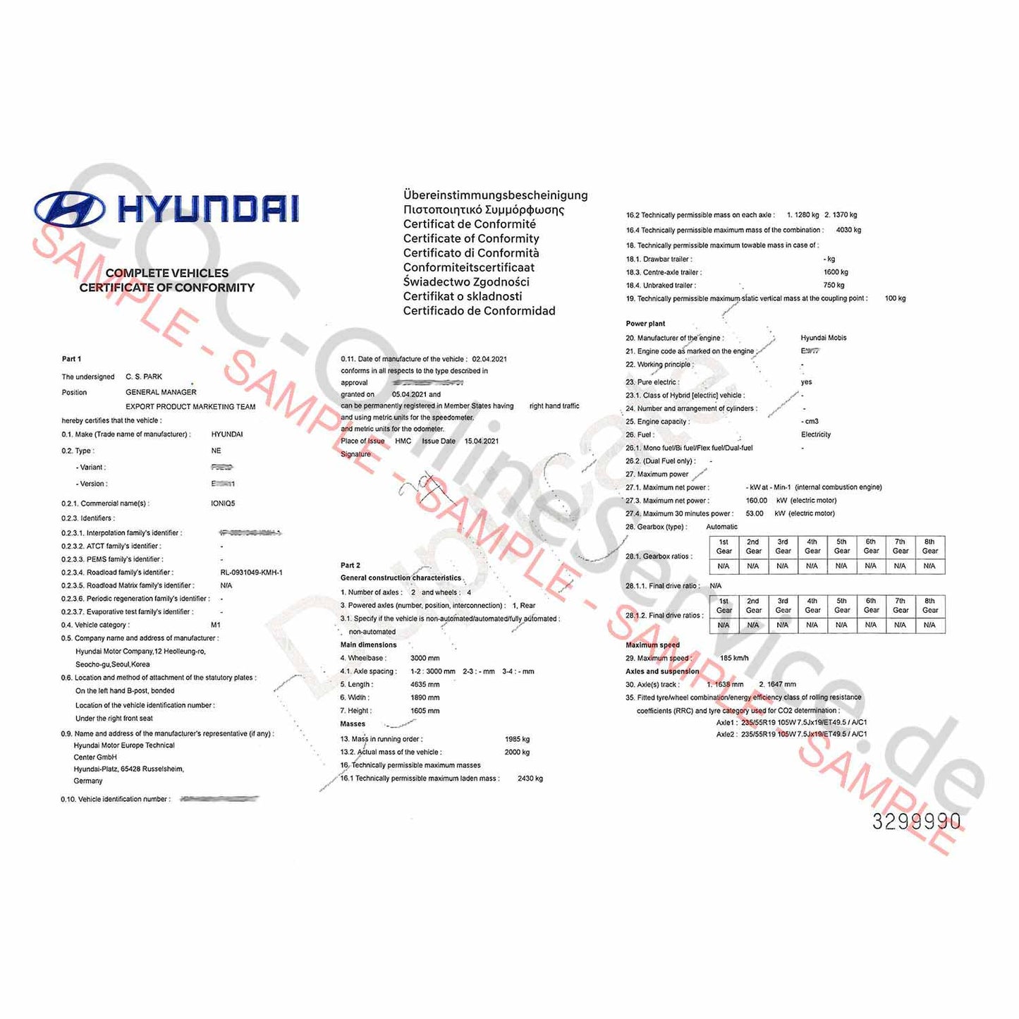 COC dokumenty pre Hyundai (Certifikát zhody)