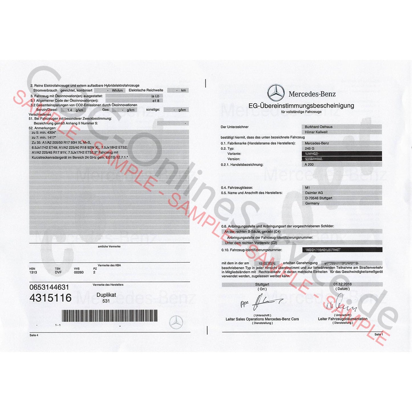 COC-asiakirjat Mercedes-Benzille (Certificate of Conformity)