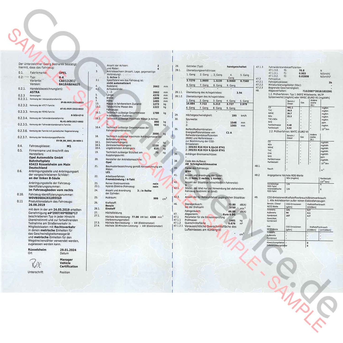 COC dokumentumok Opelhez (Certificate of Conformity)