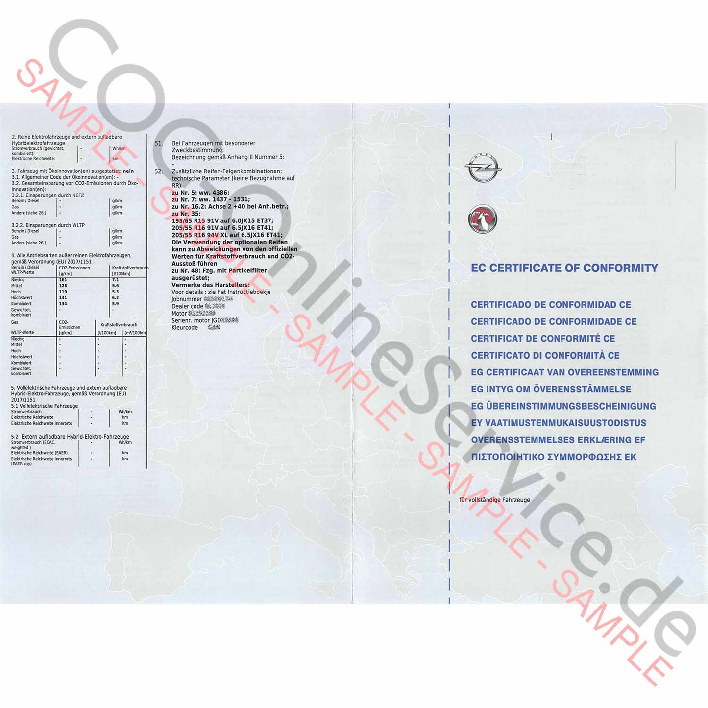 COC dokumentumok Opelhez (Certificate of Conformity)