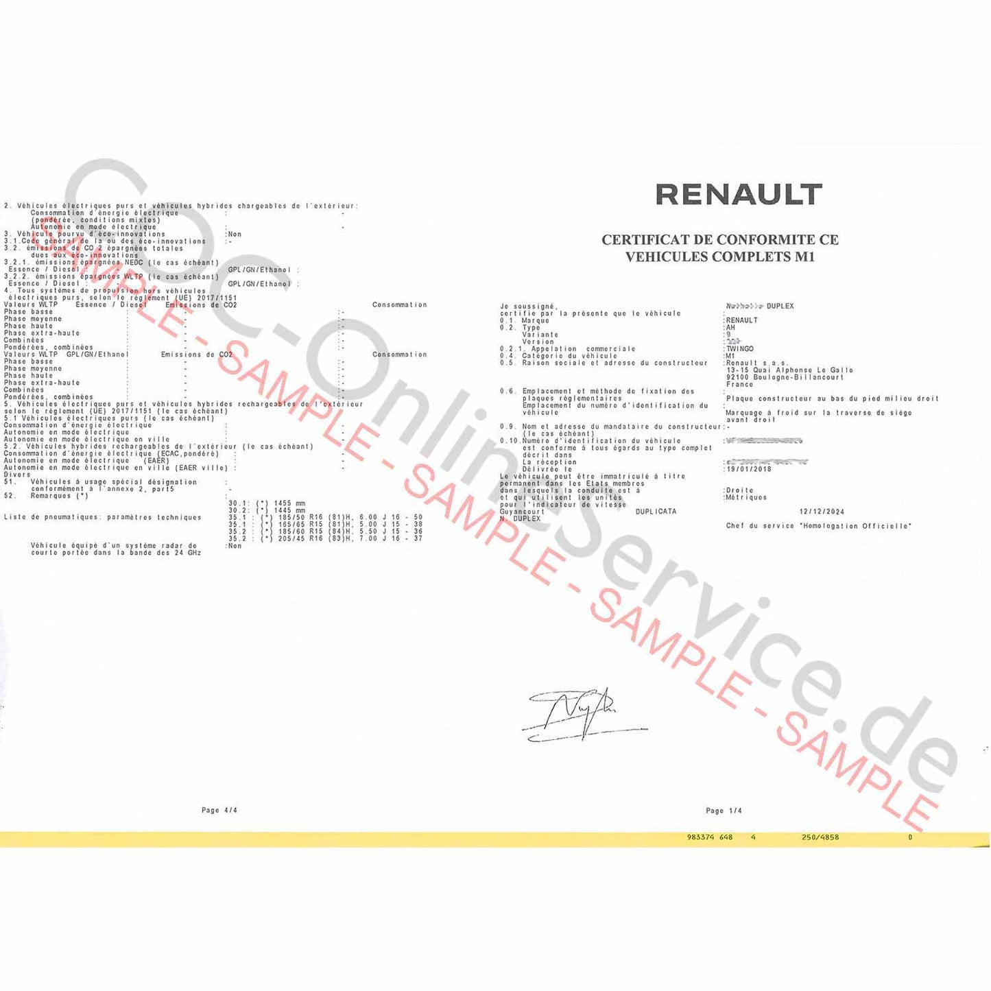 COC-dokumenter for Renault (Certificate of Conformity)