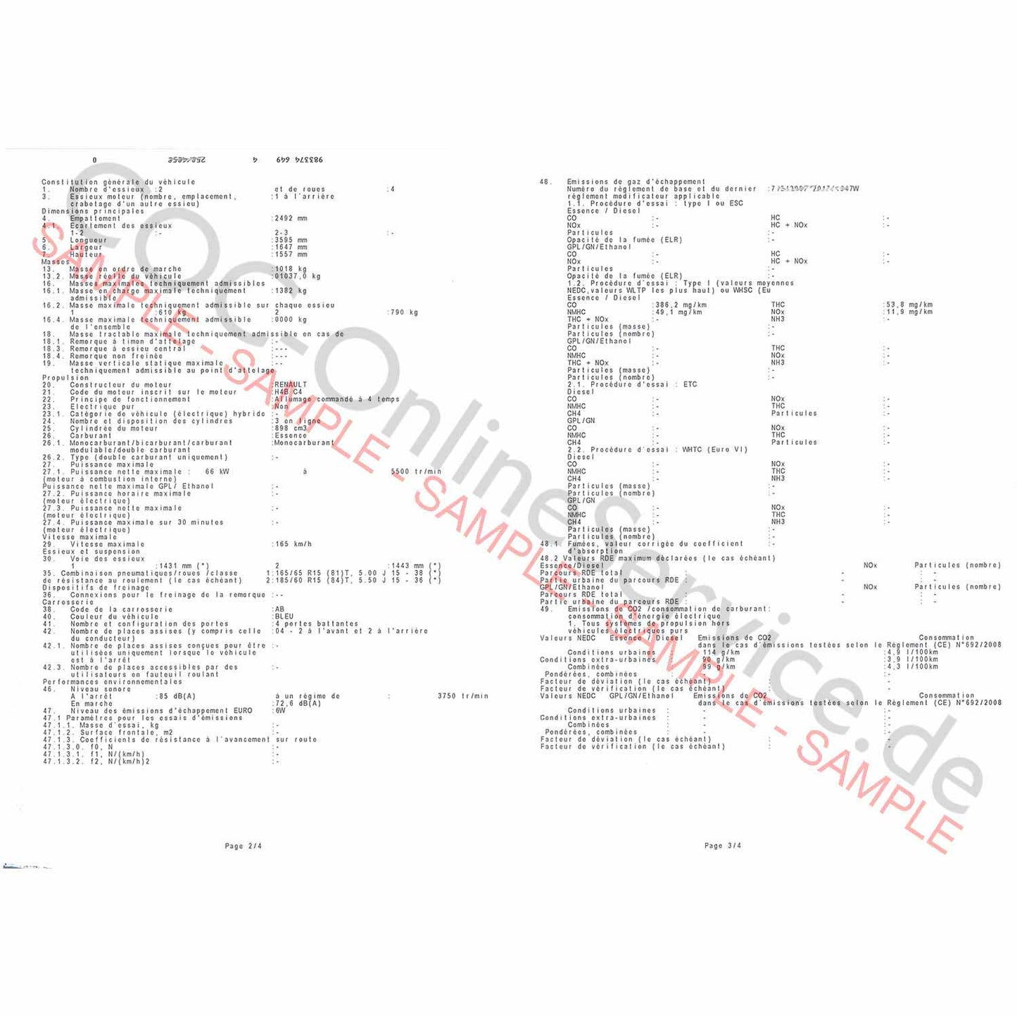 COC-dokumenter for Renault (Certificate of Conformity)
