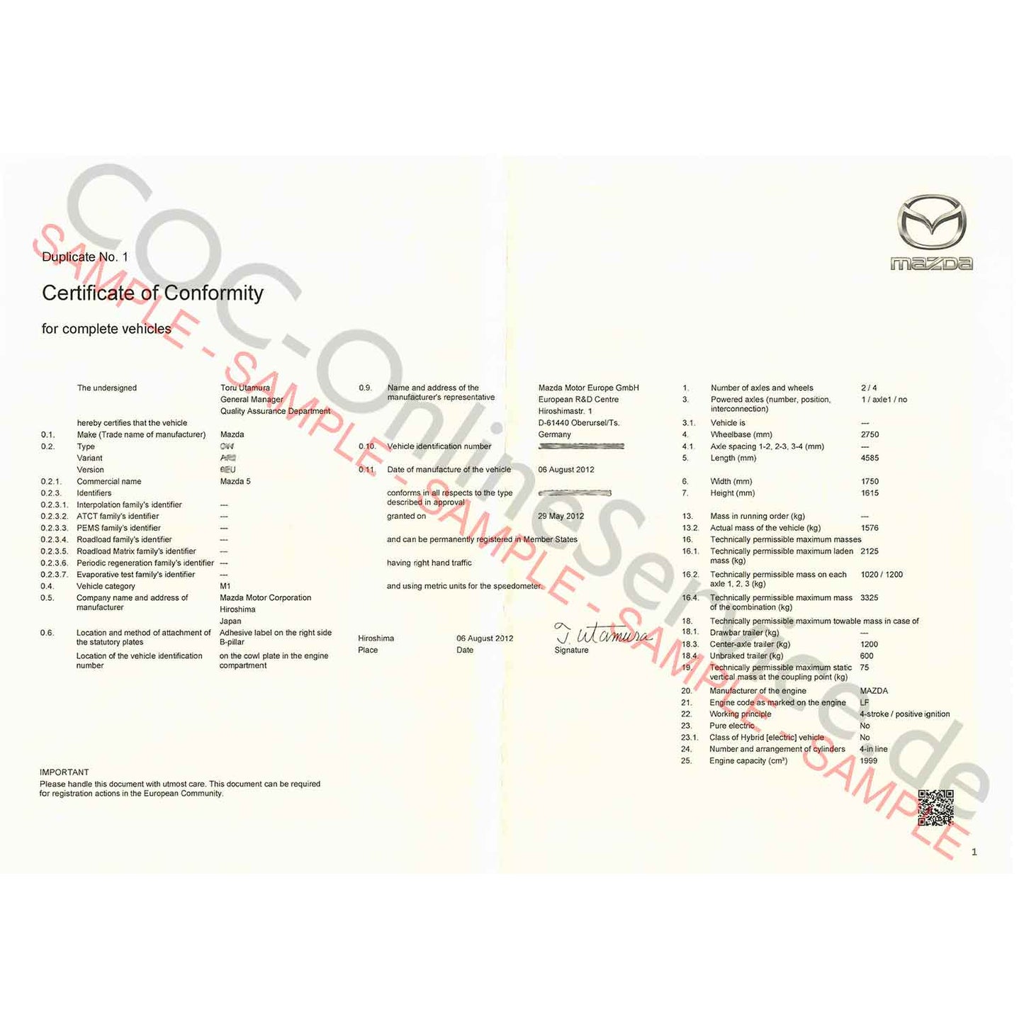 COC-asiakirjat Mazda (Conformity Certificate)