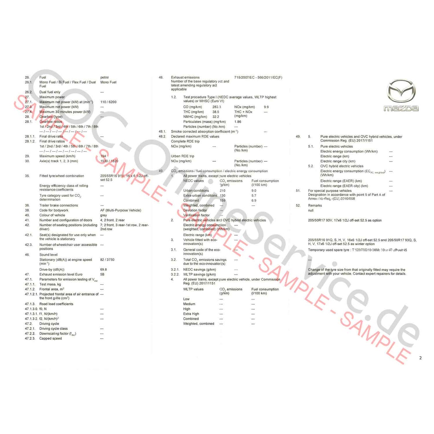 COC-asiakirjat Mazda (Conformity Certificate)
