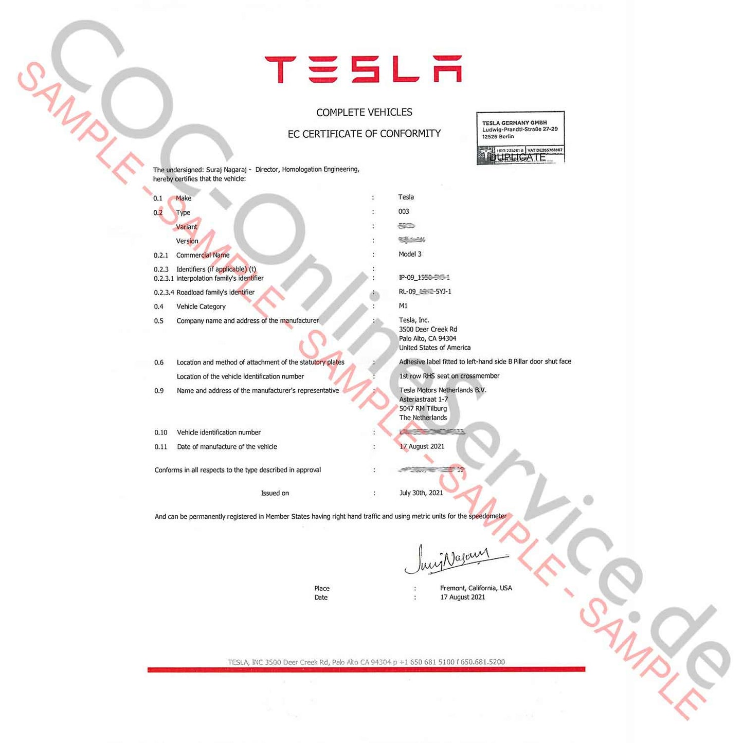 COC dokumenty pre Tesla (Certificate of Conformity)