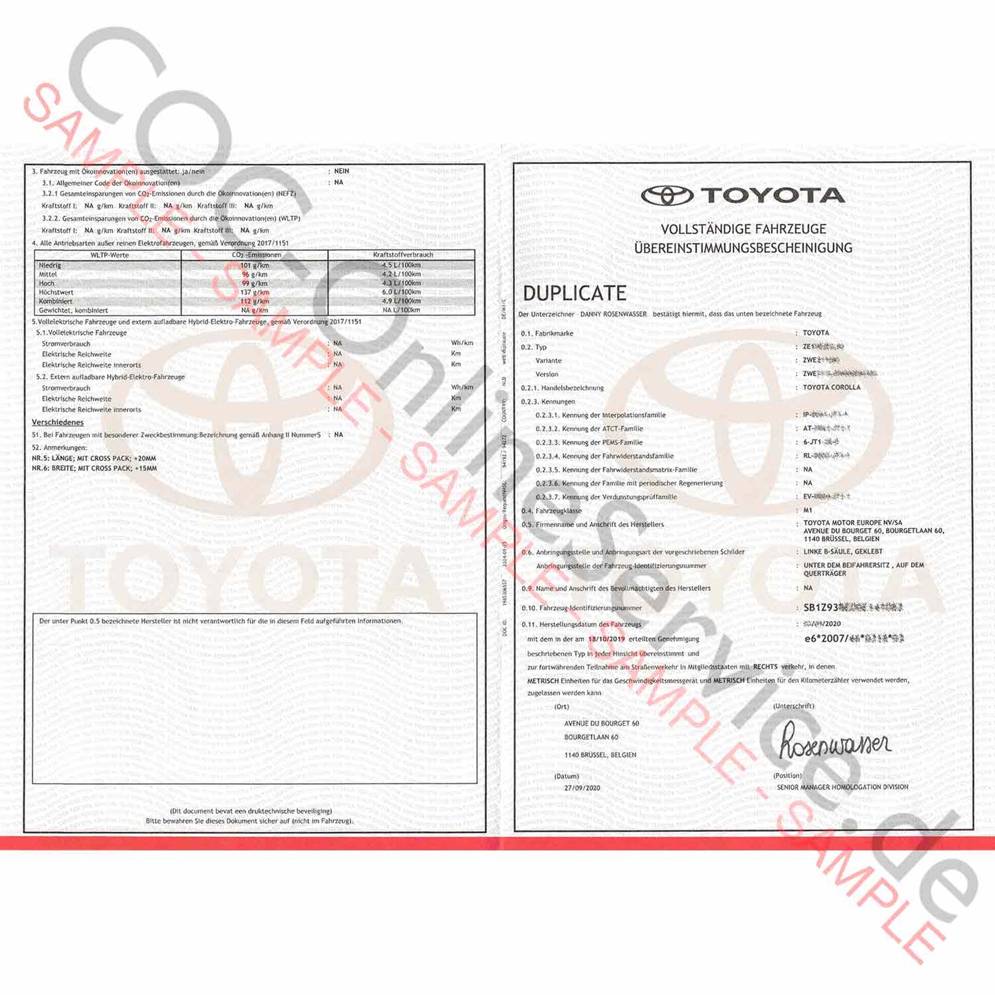 COC papieren voor Toyota (Certificaat van overeenstemming)