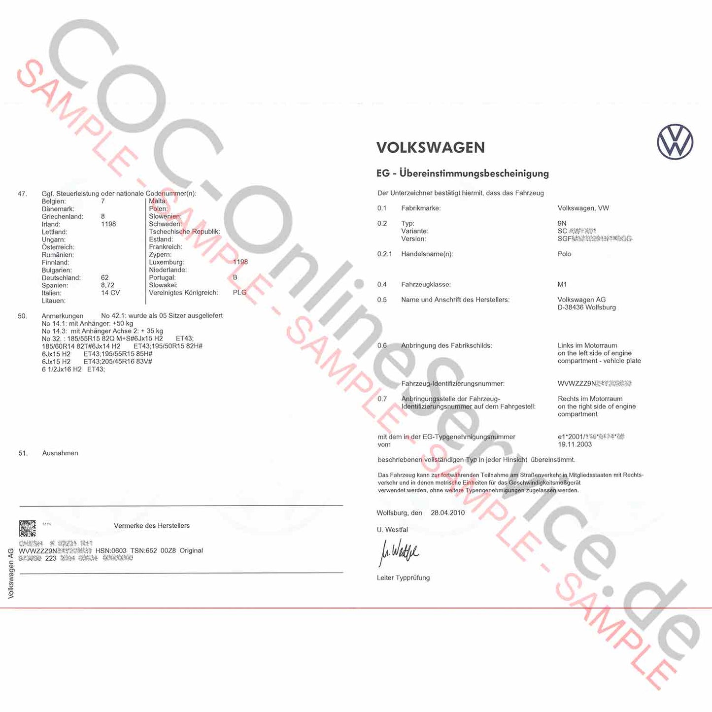 Documento COC para VW Volkswagen (Certificado de Conformidad)